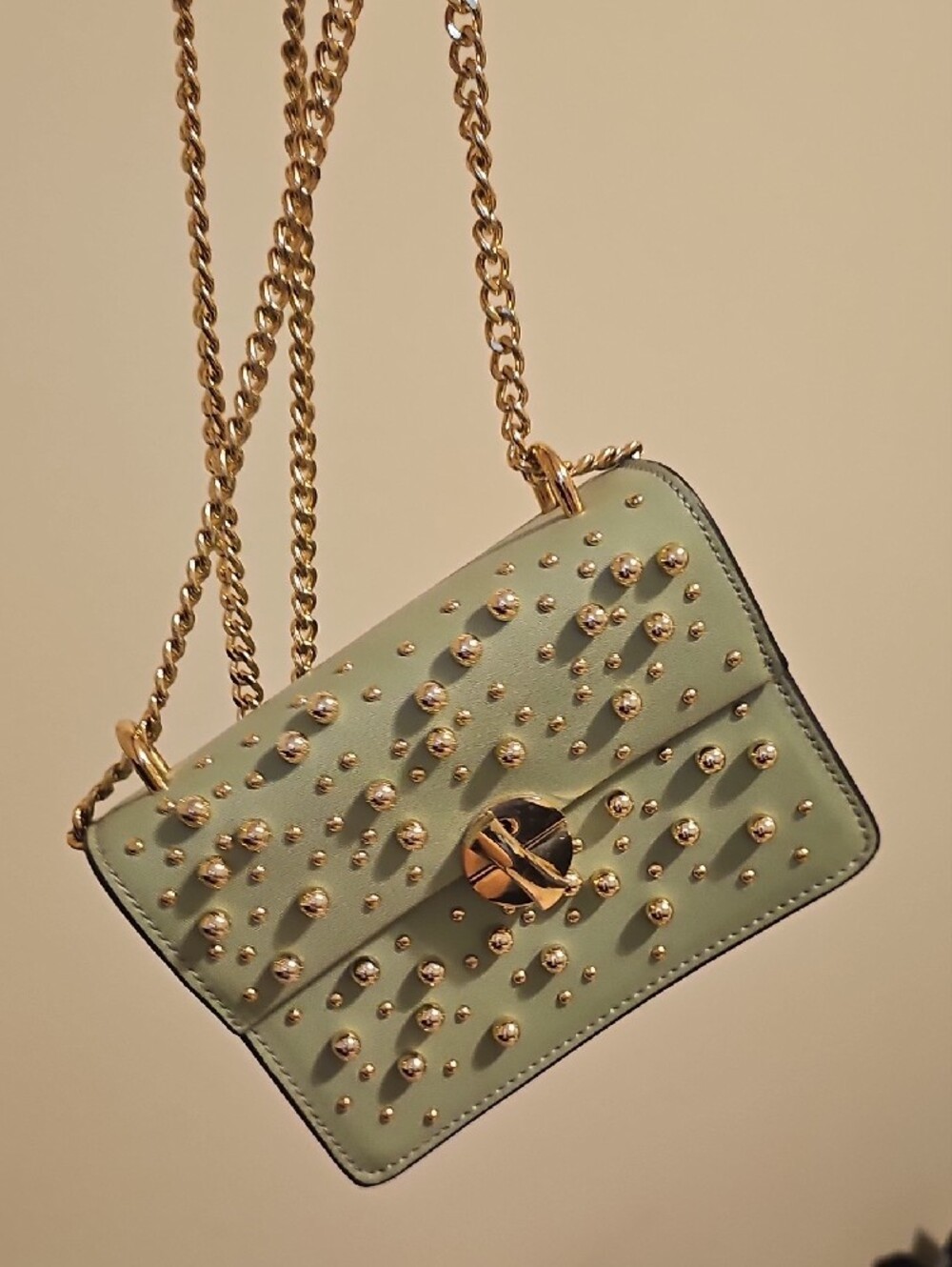 Mint Green Studded Crossbody Bag with Gold Chain - Picture 2 of 2